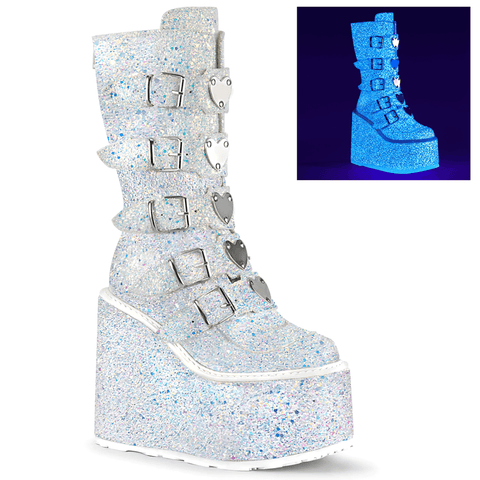 Sparkling White Glitter Platform Boots with Hearts.