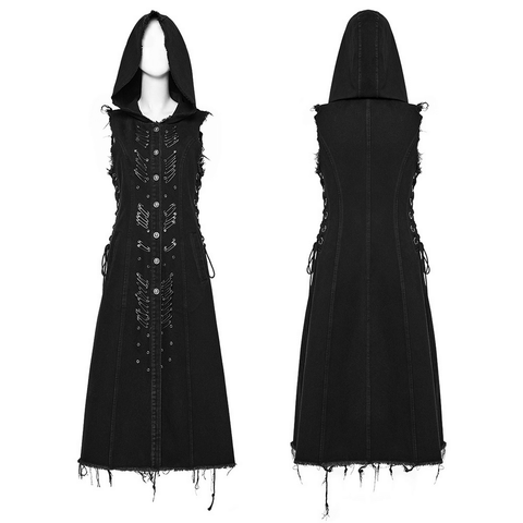 Denim Punk-Inspired Hooded Cape with Edgy Safety Pin Detail.