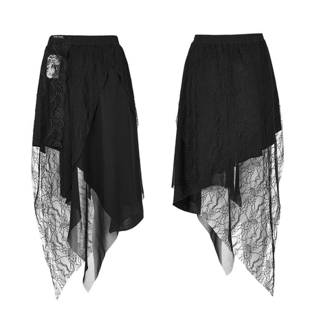 High-Waist Black Asymmetric Skirt with Lace Detail.