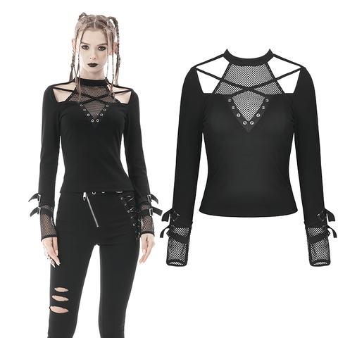 Gothic Inspired Long Sleeves Mesh Accent Top.