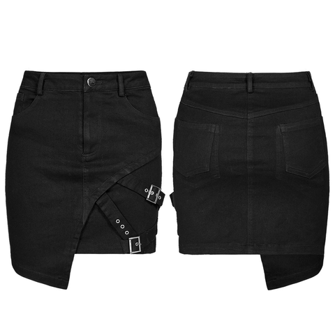 Asymmetric Black Punk Buckle-Strap Denim Skirt.