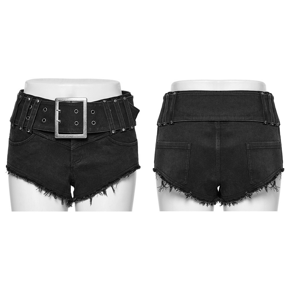 Punk Denim Shorts With Frayed Hem And Metal Accents.