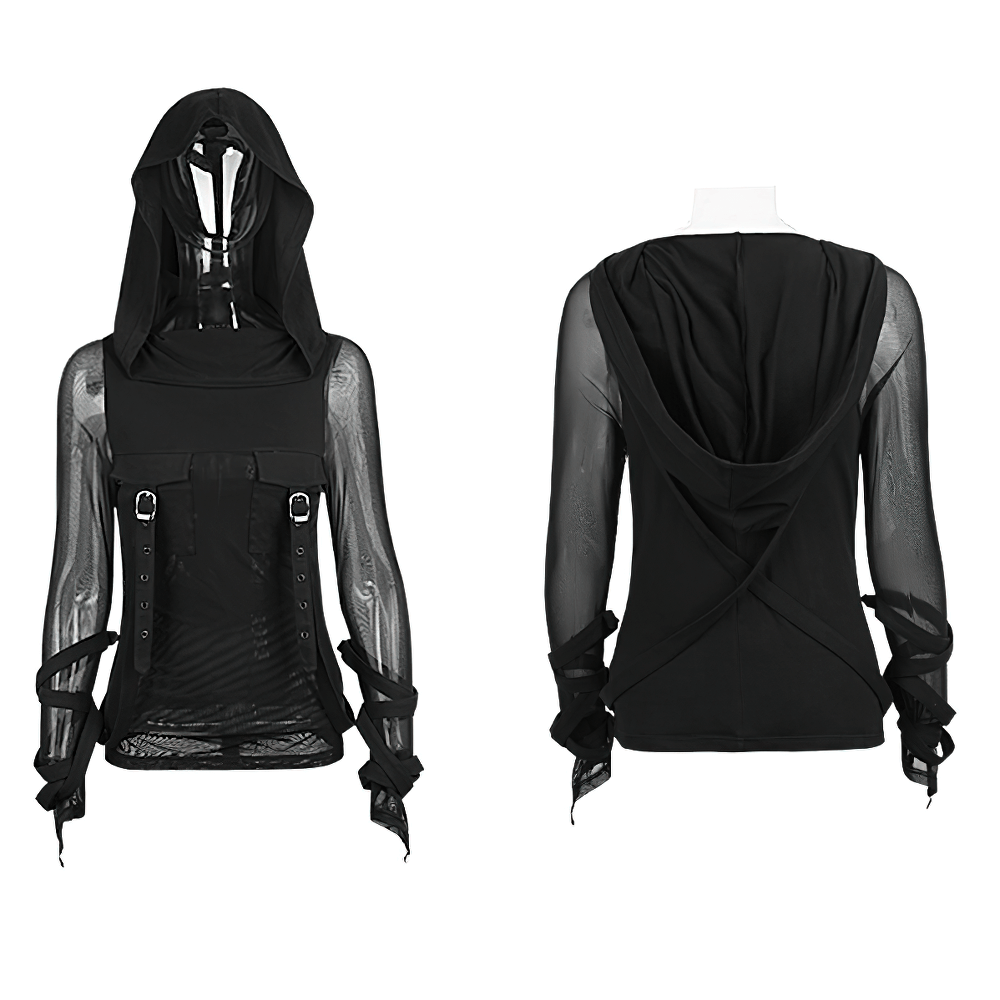 Chic Hooded Top with Mesh Detailing.