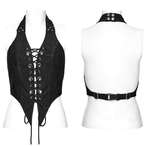 Women's Black Tattered Knit Halter Top with Lace-Up Detail.
