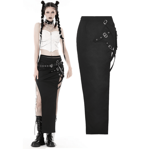 Punk Style Long Skirt with Adjustable Straps and Buckles.