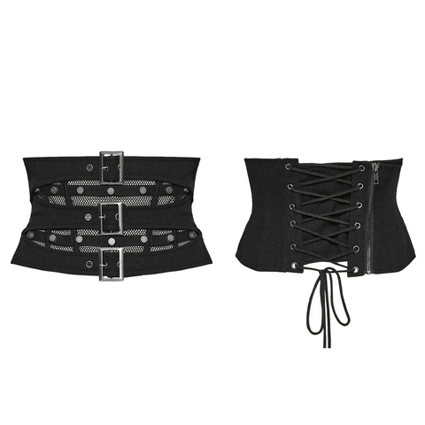 Punk Corset Belt with Edgy Buckles and Mesh Layers.