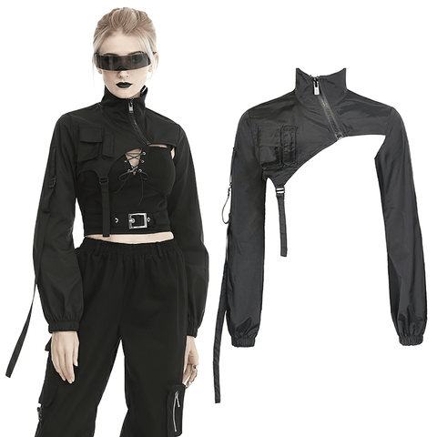 Cyberpunk Cropped Jacket with Long Sleeves and Pockets.