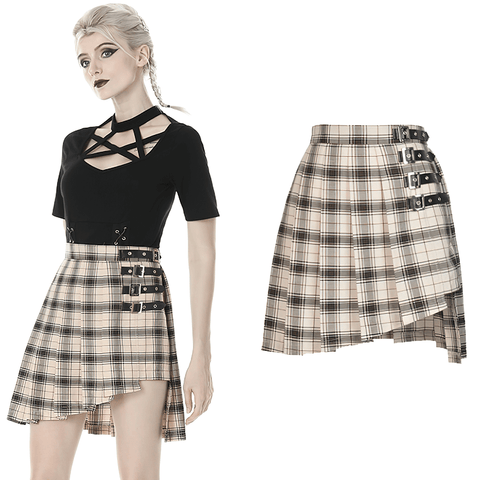 Trendy Checkered Skirt with Straps Bold Buckles.