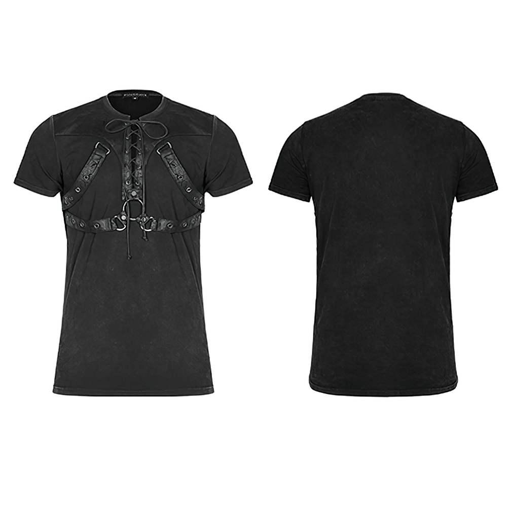 Edgy Style: Men's Black T-Shirt with Lace-Up Detail.