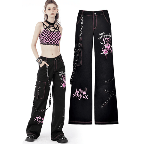 Stylish Gothic Trousers - Pink Skull Detail.