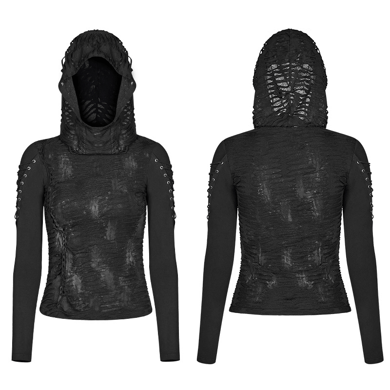 Gothic Long Sleeves Hooded Top with Lace Up Sleeves.