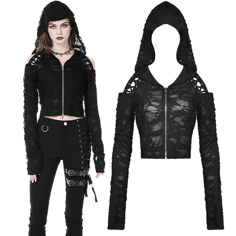 Goth Glam: Black Lace Hooded Top for Edgy Style.