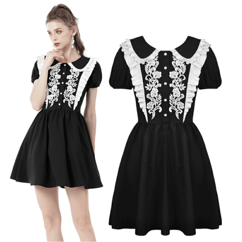 Chic Embroidered Black and White Collar Dress.