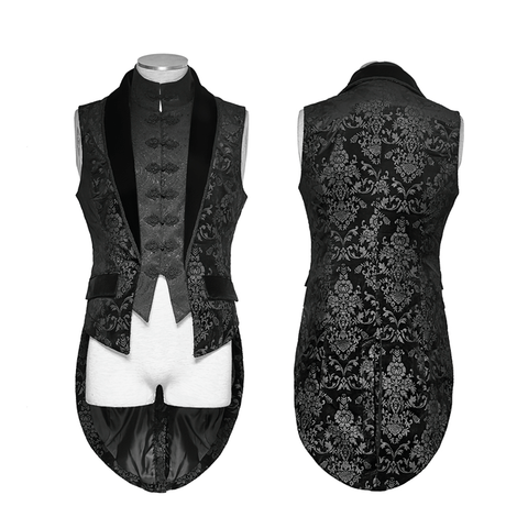 Gothic Elegance: Black Floral Fake Swallowtail Vest.