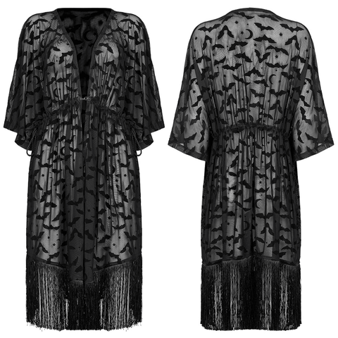 Chinese Style Moon Bat Flocking Kimono Coat with Tassels.