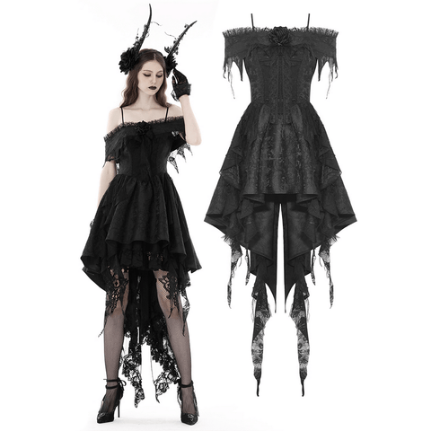 Gothic-Inspired Black Dress with Floral Lace Detailing.
