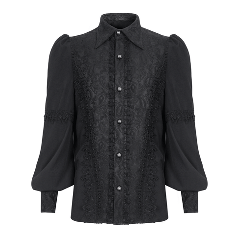 Chic Black Button-Up Shirt with Lace Detailing.