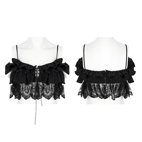 Ruffle V-Neck Camisole with Black Lace Accents.