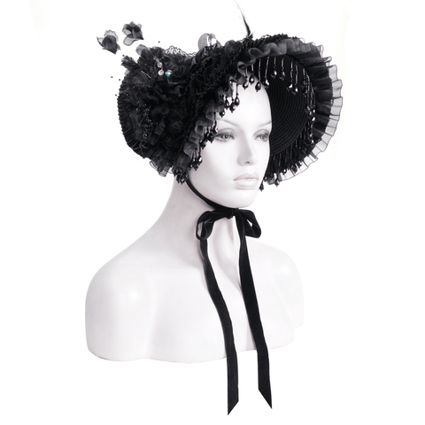 Vintage-Inspired Black Floral Bonnet Headwear.