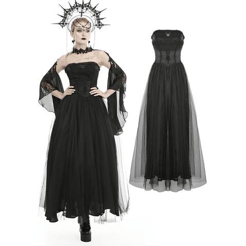 Gothic-Inspired Long Black Dress with Lace Detailing.