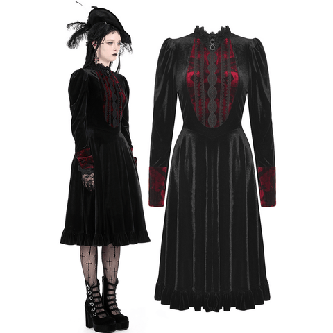 Gothic Black Velvet Dress with Red Lace Details