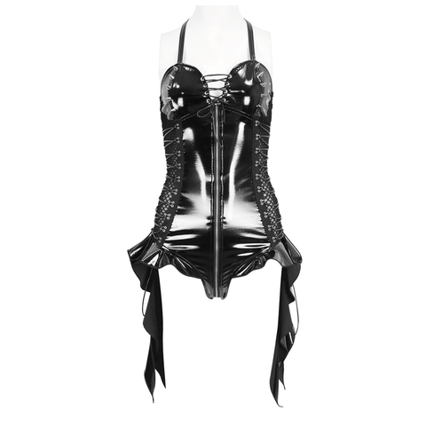 alter Neck Vinyl Bodysuit with Zip and Lace Up Front.