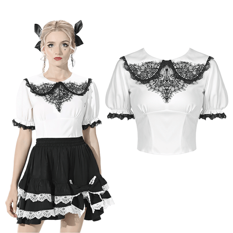 Gothic Sweetheart: Black Lace Trim White Blouse.