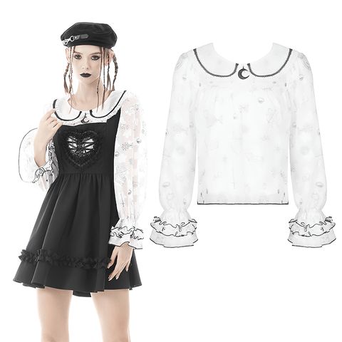 White Blouse with Black Lace Collar And Sleeves.