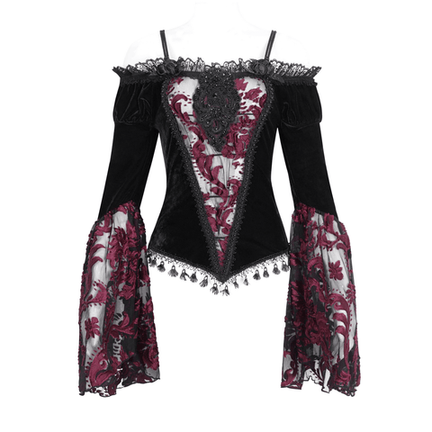 Gothic Black Velvet Top with Contrast Lace Sleeves.
