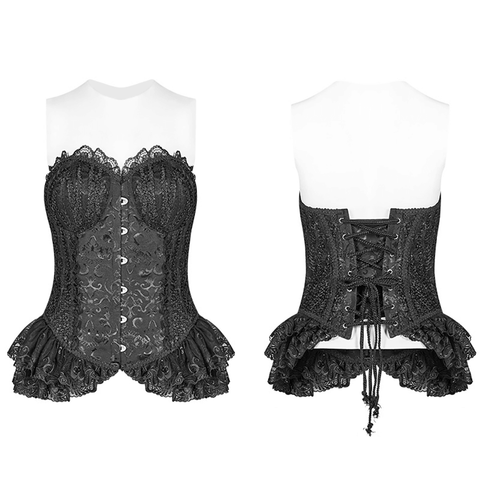 Vintage-Inspired Black Lace-Up Corset with Ruffles.