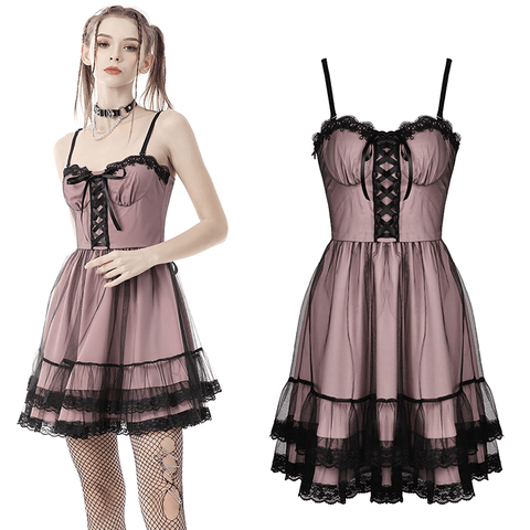 Stylish Gothic Mini Dress with Black Lace Accents.