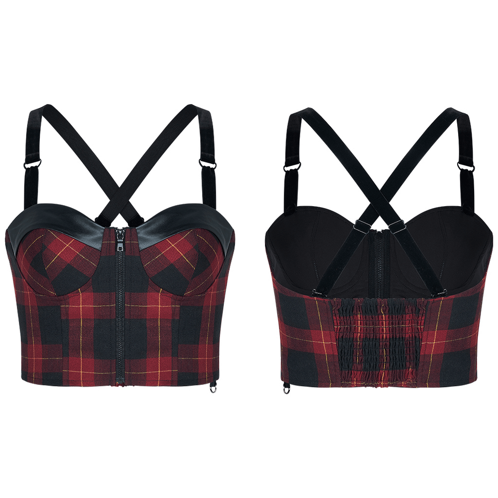 PUNK RAVE Red and Black Plaid Corset Vest with Straps.