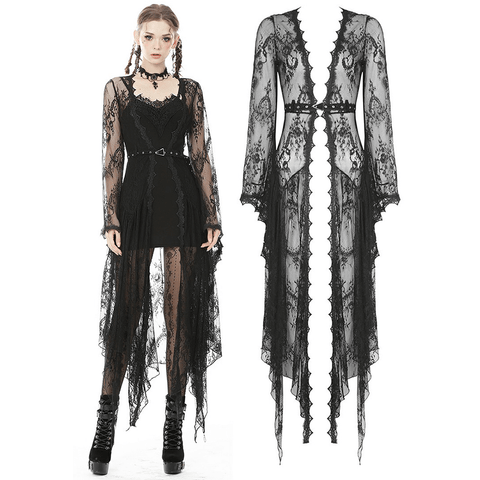 Long Black Lace Cape with Bell Sleeves for Women.