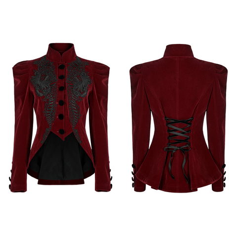 Wine Red Velvet Gothic Jacket with Lace Trim Elegance.