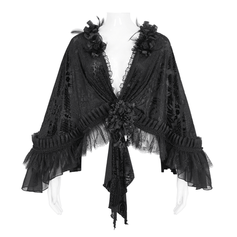 Women's Black Lace Cape with Dark Romance Flowers.