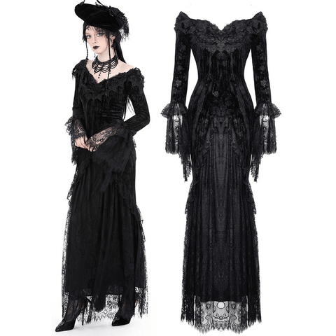 Long-Sleeved Gothic Velvet Dress with Lace Details.