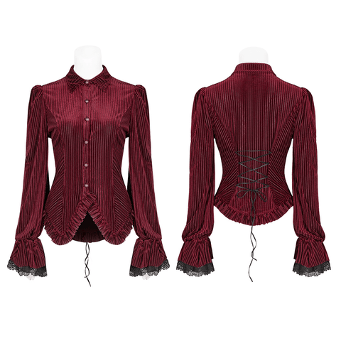 Victorian Gothic Burgundy Velvet Shirt - Lace Detail.