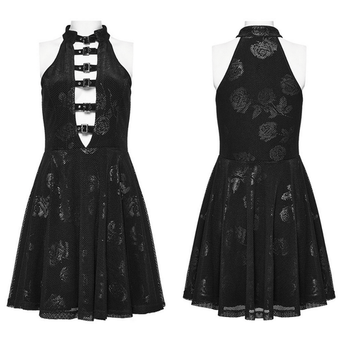 Black Velvet Halter Dress with Dramatic Floral Pattern.