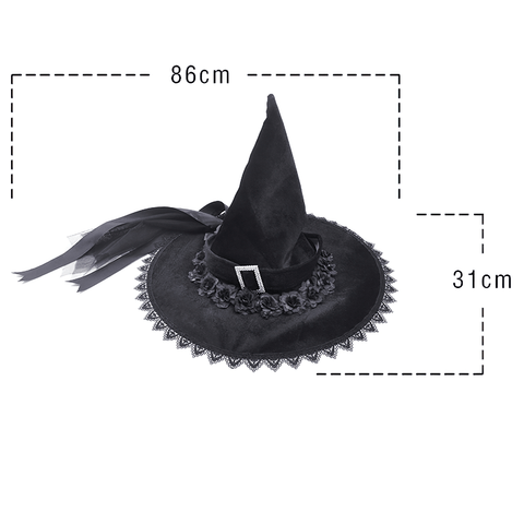 Stylish Witch’s Hat with Flower Details and Ribbon.