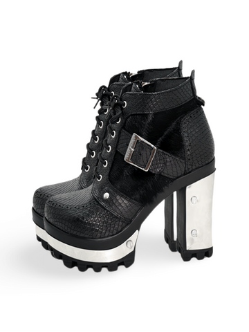 Women's Black Snake Leather Booties with Fur Detail.