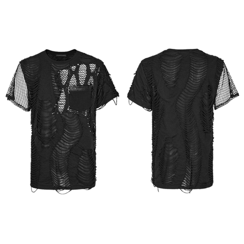 Edgy Studded Punk Tee with Bold Mesh Splicing Accents.