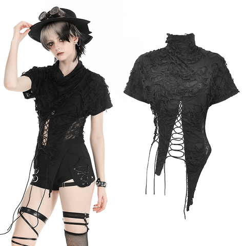 Black Asymmetrical Ripped Lace-Up Top for Edgy Fashion.