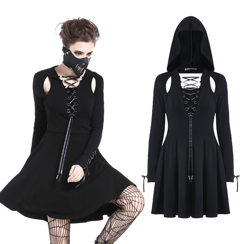 Edgy Gothic Chic: Black Hooded Dress with Lace Up Detail.