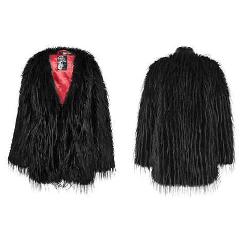 Women's Mid-Length Faux Fur Coat with Metal Rings.