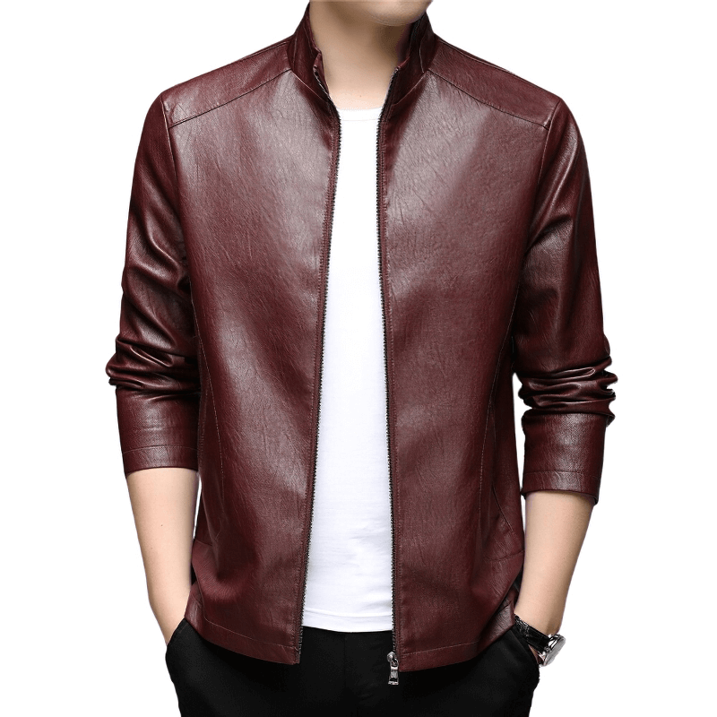 CLEARANCE / Faux Leather Minimalistic Zip-up Jacket with Stand Collar ...