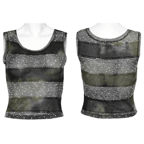 Punk Rave Striped Mesh Tank Top for Daily Wear.