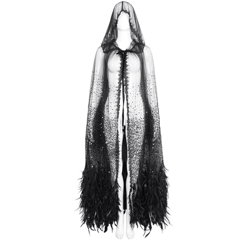 Gothic Black Hooded Cape with Feathers.