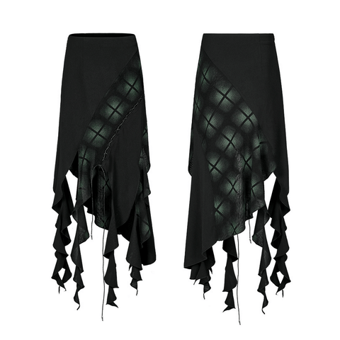 Asymmetrical Gothic Ruffle Tassel Plaid Midi Skirt.