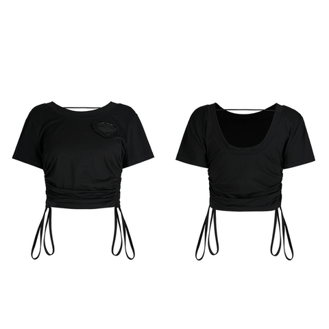 Black Gothic Beaded Heart Drawstring Crop Tee.