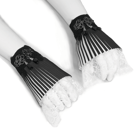 Women's Black And White Lace Pleated Fingerless Gloves - Elegant Gothic Accessory.
